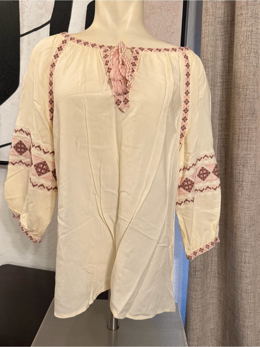 Solitaire Cream Blouse with Pink Embroidery